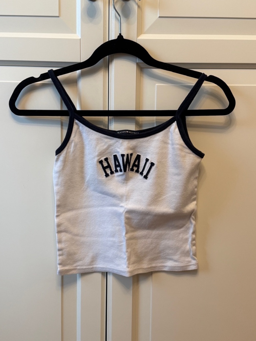 Vintage Brandy Melville White 'Hawaii' Tank Top with Navy Trim